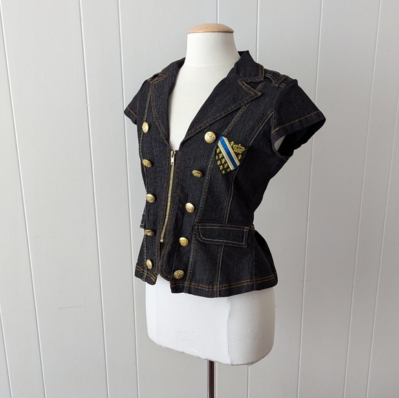 Vintage Y2K Dark Wash Denim Military Style Top by What's Hot Size M - Picture 2 of 7